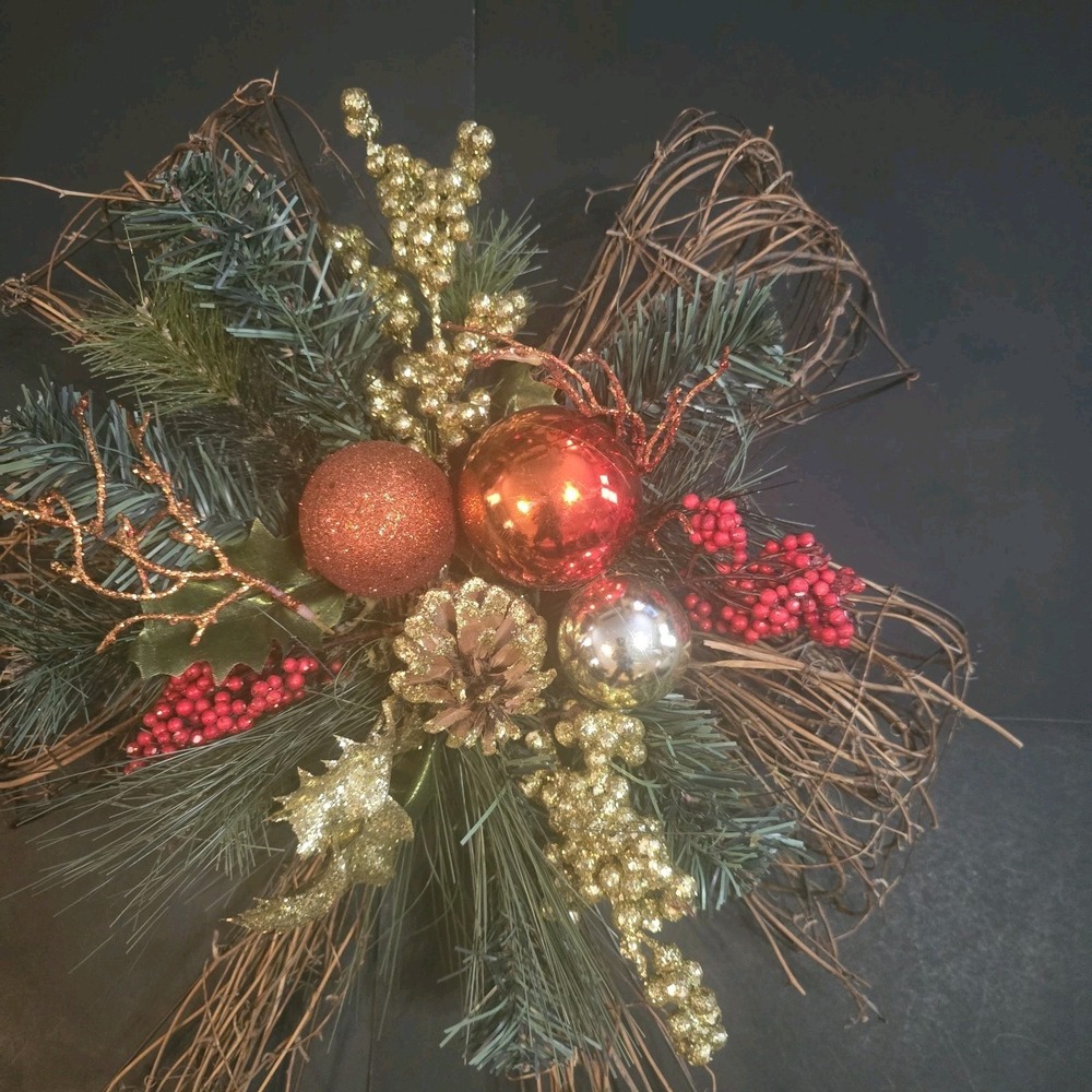 Rustic Twig Christmas Bow Ornament Holiday Decor Red Glitter Orbs Pine Branches - Picture 2 of 6